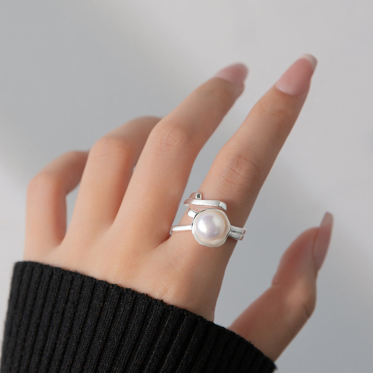 Pearl Ring for Women with Literary Double Lines