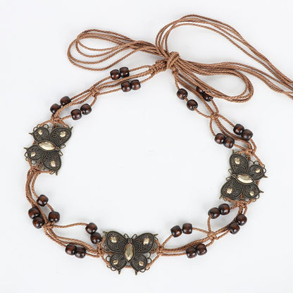 Cinto Boho Tecido com Strass de Borboleta e Contas de Madeira