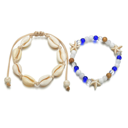 Vintage Woven Starfish Shell Anklet with Turquoise Set