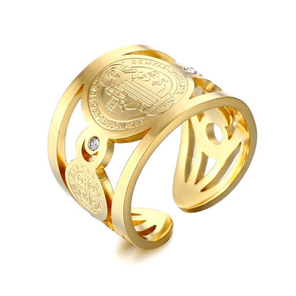 Stainless Steel 18K Gold St. Benedict Adjustable Ring