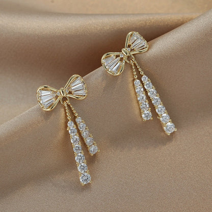 Fashionable Zircon Crystal Bow Earrings with Silver Hooks