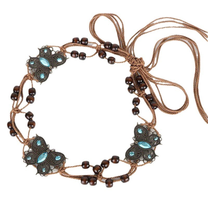 Cinto Boho Tecido com Strass de Borboleta e Contas de Madeira
