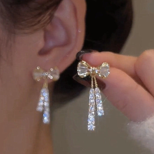 Fashionable Zircon Crystal Bow Earrings with Silver Hooks