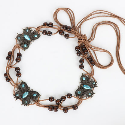Cinto Boho Tecido com Strass de Borboleta e Contas de Madeira