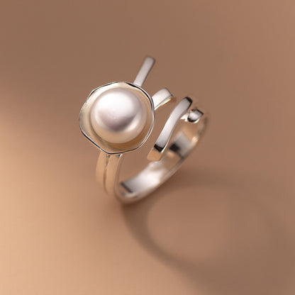 Pearl Ring for Women with Literary Double Lines