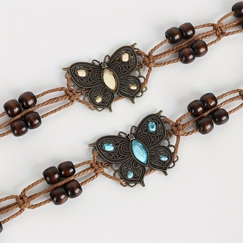 Cinto Boho Tecido com Strass de Borboleta e Contas de Madeira