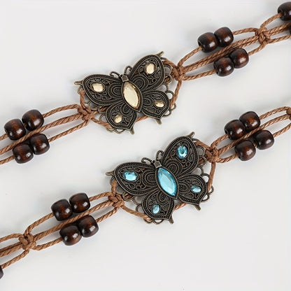 Cinto Boho Tecido com Strass de Borboleta e Contas de Madeira