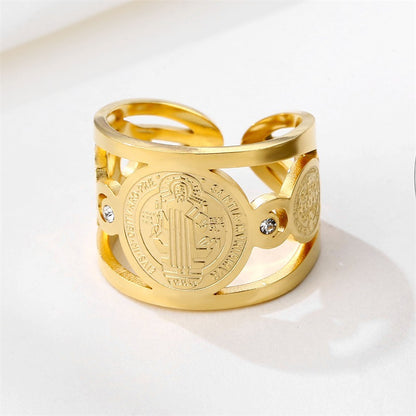 Stainless Steel 18K Gold St. Benedict Adjustable Ring