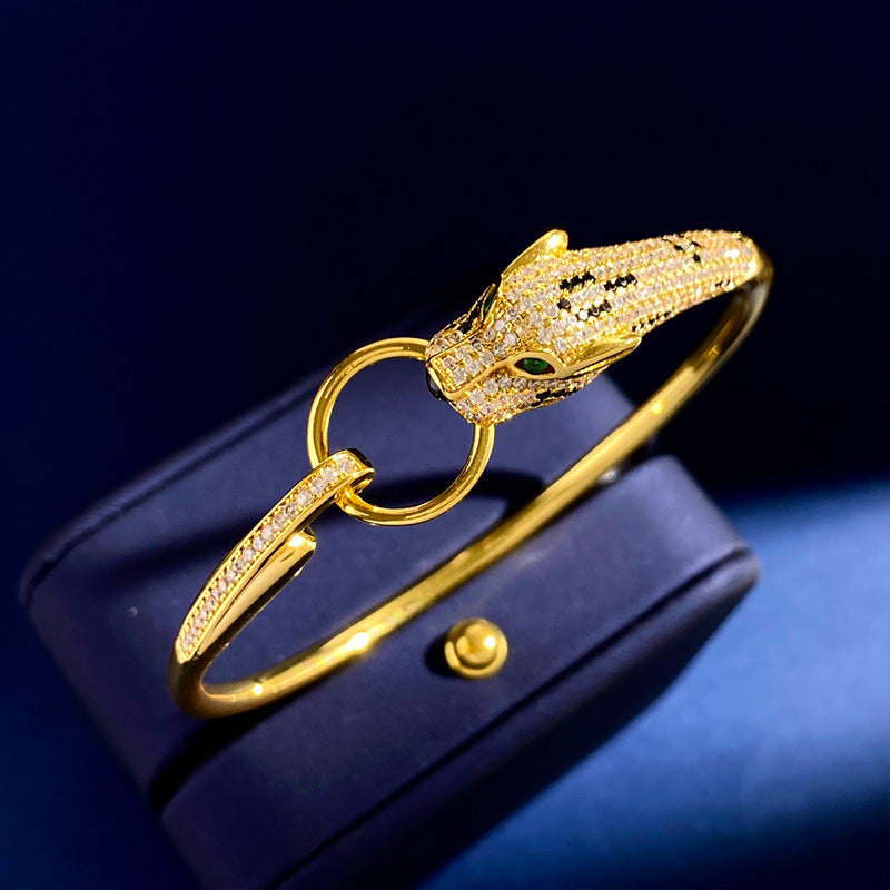 Pulseira de Anel com Diamantes, Leopardo e Ouro Rosé