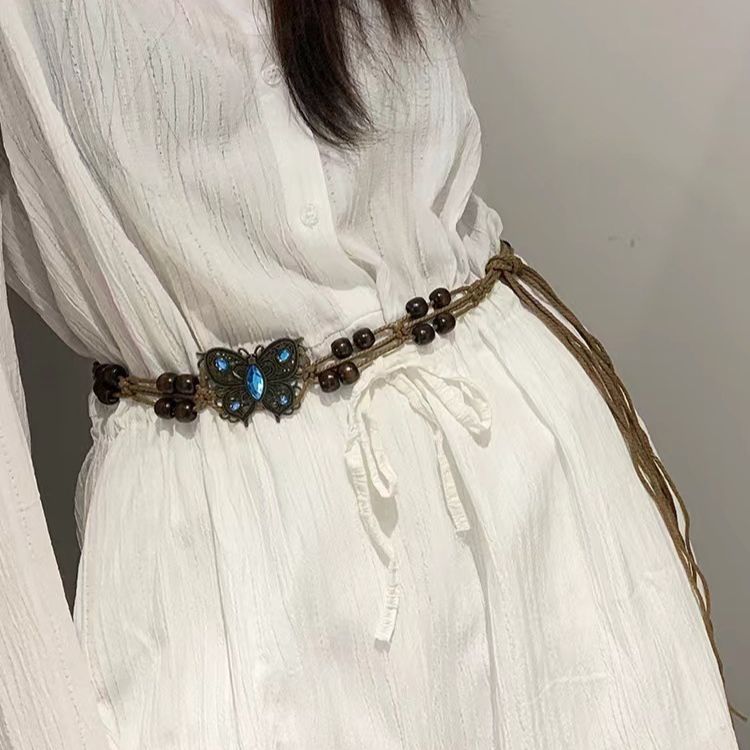 Cinto Boho Tecido com Strass de Borboleta e Contas de Madeira