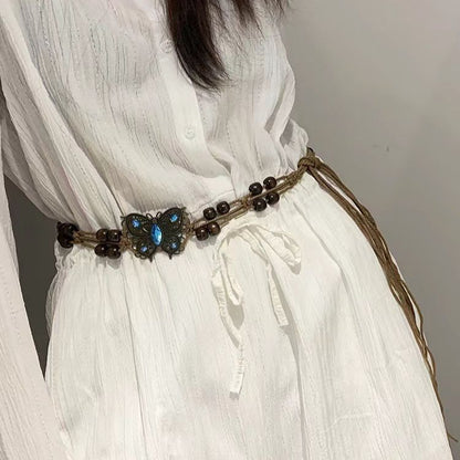 Cinto Boho Tecido com Strass de Borboleta e Contas de Madeira