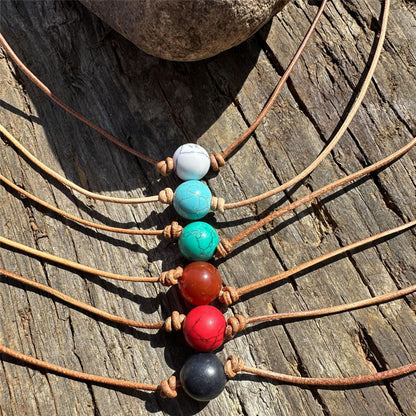 Natural Stone Turquoise Leather Woven Necklace