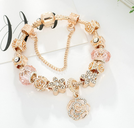 Rose Gold Bracelet with Rose Pendant and Beads
