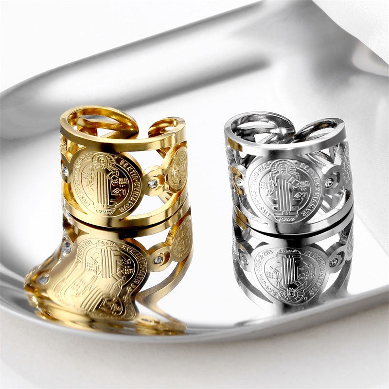 Stainless Steel 18K Gold St. Benedict Adjustable Ring