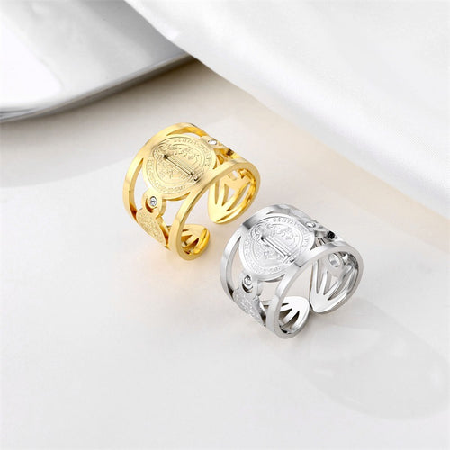 Stainless Steel 18K Gold St. Benedict Adjustable Ring