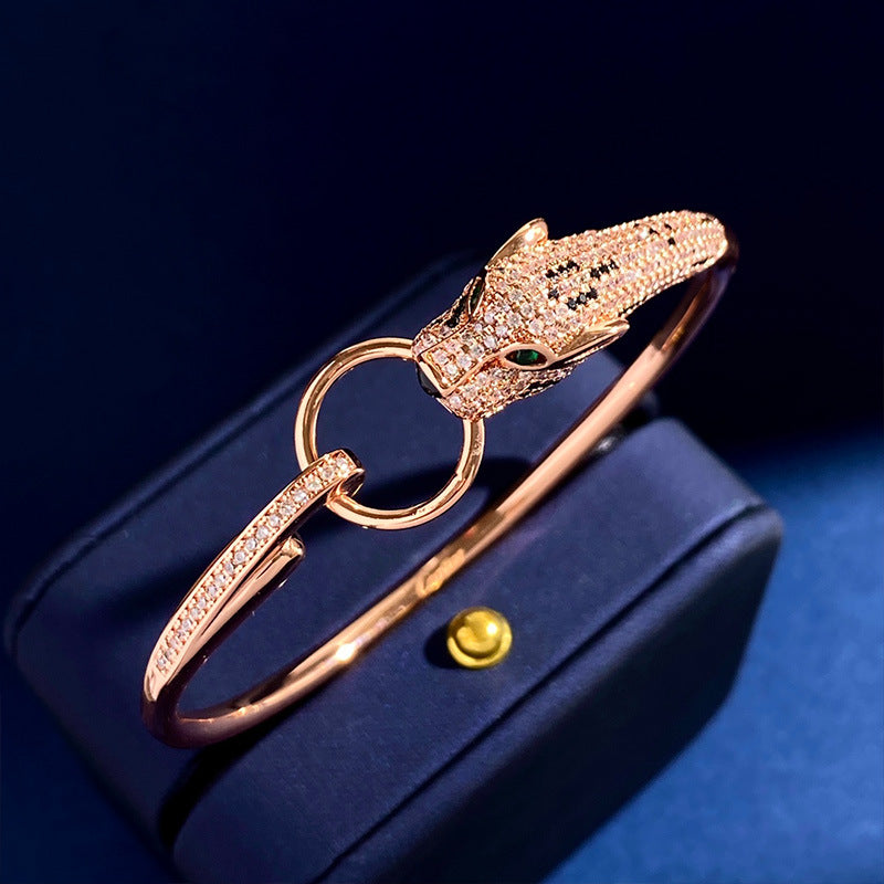 Pulseira de Anel com Diamantes, Leopardo e Ouro Rosé