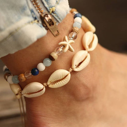 Vintage Woven Starfish Shell Anklet with Turquoise Set