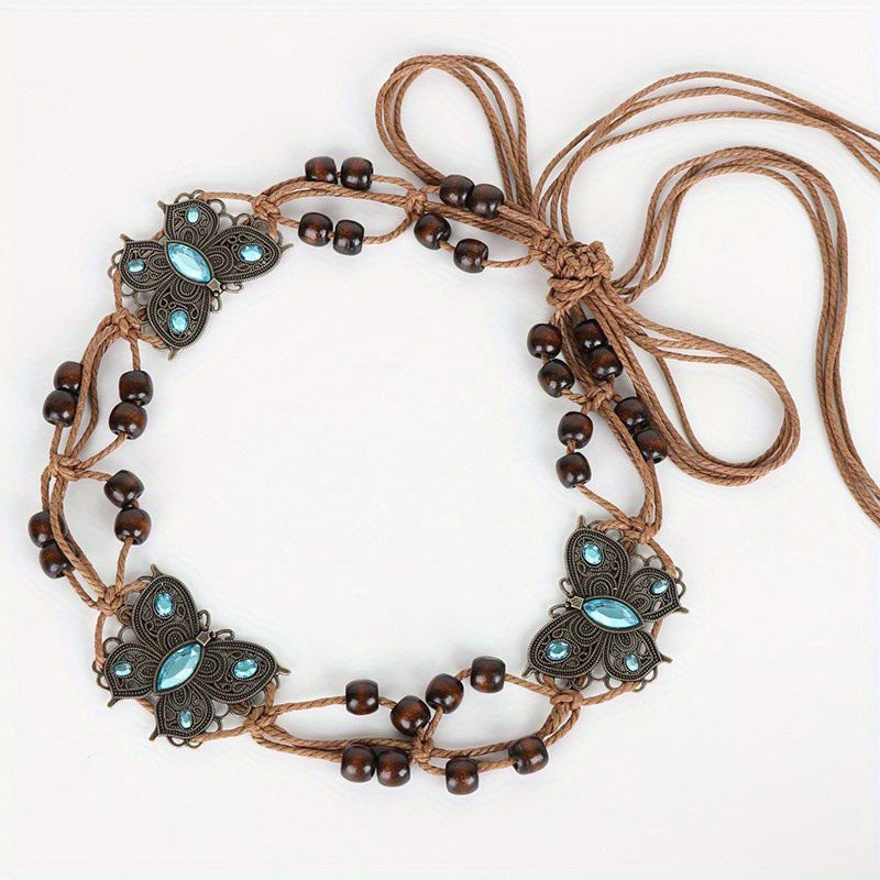 Cinto Boho Tecido com Strass de Borboleta e Contas de Madeira